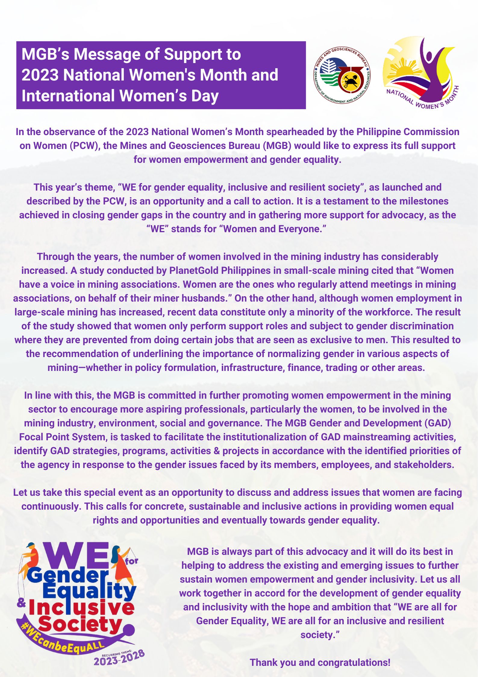 MGBs Message of Support to 2023 NWM and International Womens Day